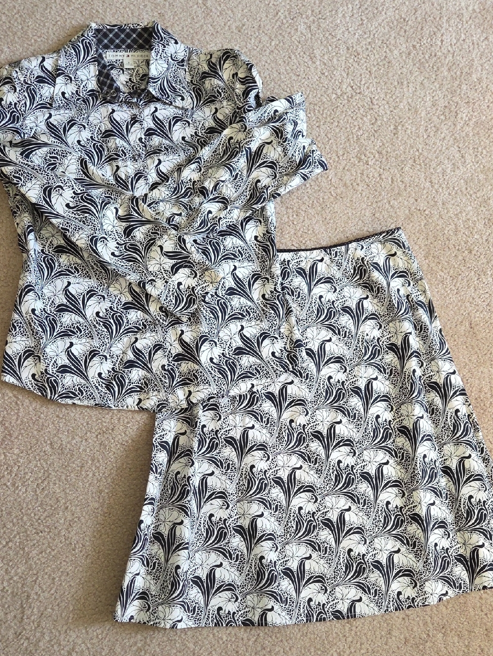Tommy Hilfiger Black and White Mixed Print Button-Up With Skirt